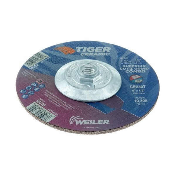 Weiler 6 x 1/8 TIGER CERAMIC Type 27 Cut/Grind Combo Wheel CER30T 5/8-11 Nut 58320 - main